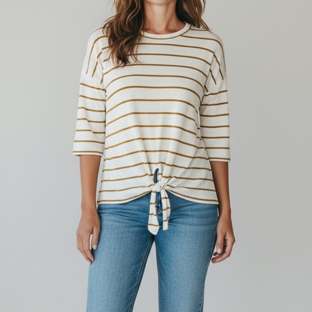 Botanique Women’s White Mustard Stripe Lightweight Knit tie front sweater top XL